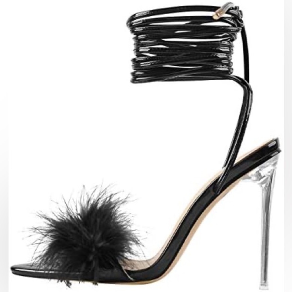 Black Fluffy Feathered Lace Up Women's Heels
